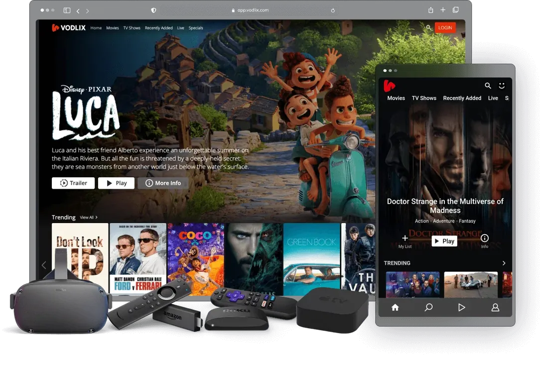 IPTV app on a smart TV, phone, Fire Stick, VR headset and streaming boxes